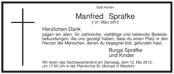 Traueranzeige von Manfred Sprafke von Tageszeitung