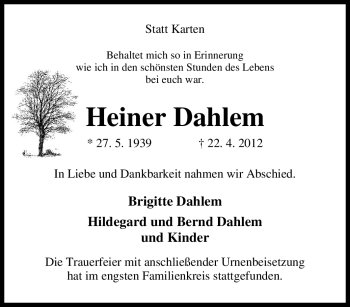 Traueranzeige von Heiner Dahlem von Tageszeitung