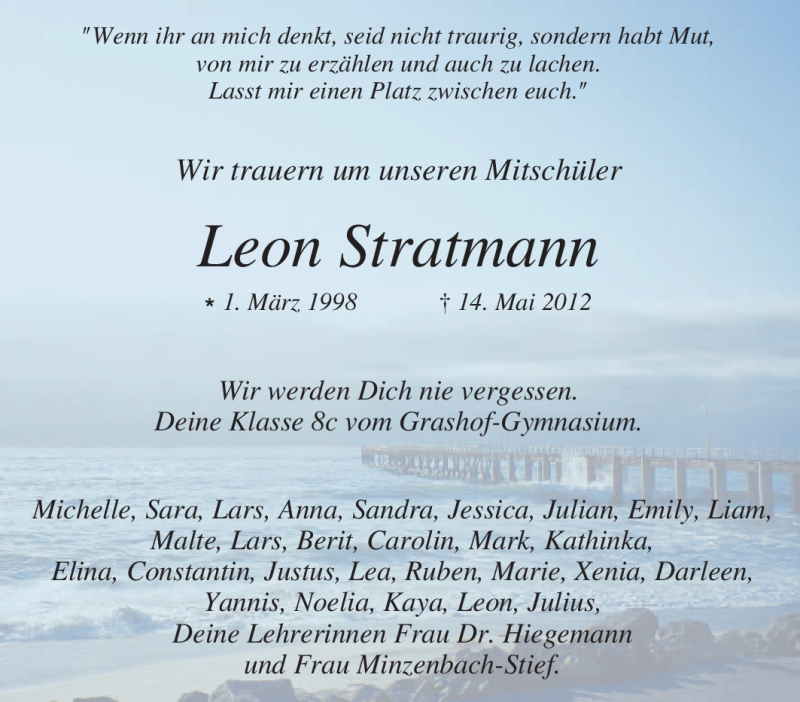  Traueranzeige für Leon Stratmann vom 21.05.2012 aus Tageszeitung