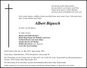 Traueranzeige von Albert Bigusch von Tageszeitung