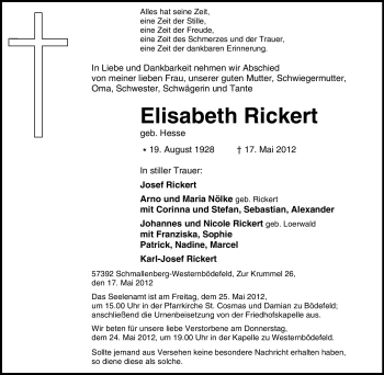 Traueranzeige von Elisabeth Rickert von Tageszeitung