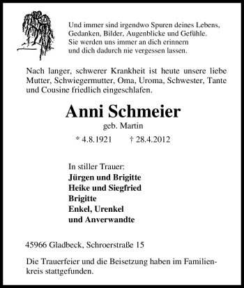 Traueranzeige von Anni Schmeier von Tageszeitung