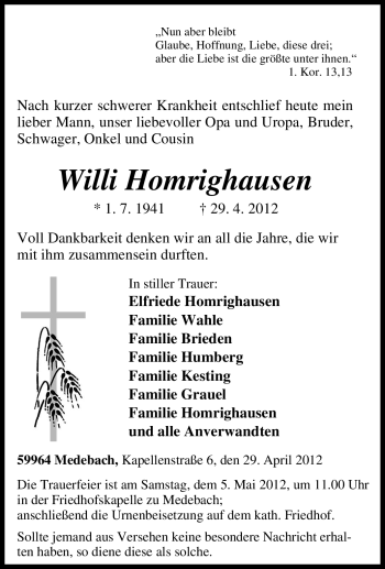 Traueranzeige von Willi Homrighausen von Tageszeitung