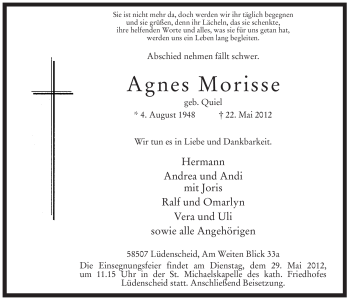 Traueranzeige von Agnes Morisse von Tageszeitung