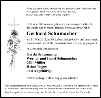 Traueranzeige von Gerhard Schumacher von Tageszeitung