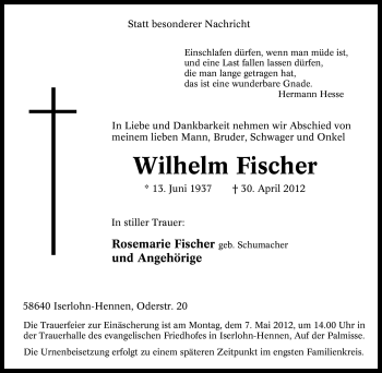 Traueranzeige von Wilhelm Fischer von Tageszeitung