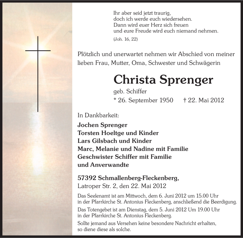  Traueranzeige für Christa Sprenger vom 26.05.2012 aus Tageszeitung