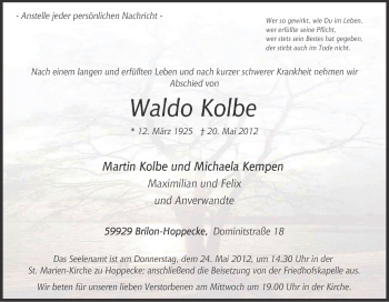 Traueranzeige von Waldo Kolbe von Tageszeitung