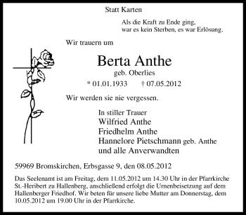 Traueranzeige von Berta Anthe von Tageszeitung