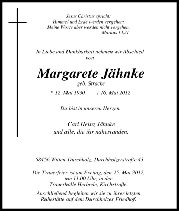 Traueranzeige von Margarete Jähnke von Tageszeitung