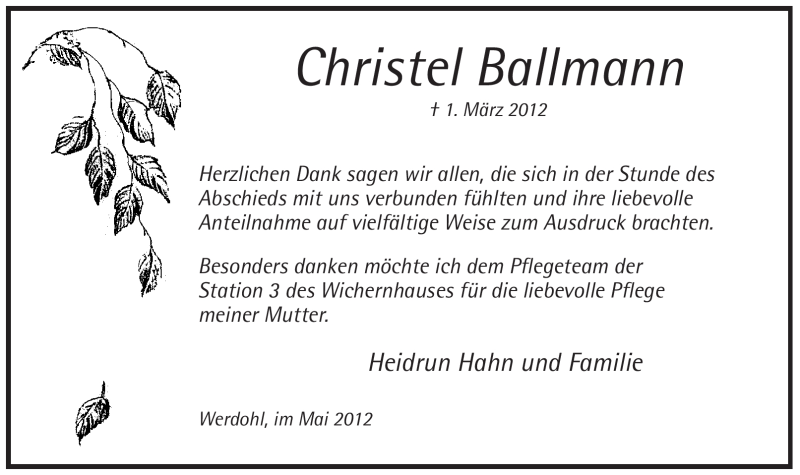  Traueranzeige für Christel Ballmann vom 12.05.2012 aus Tageszeitung