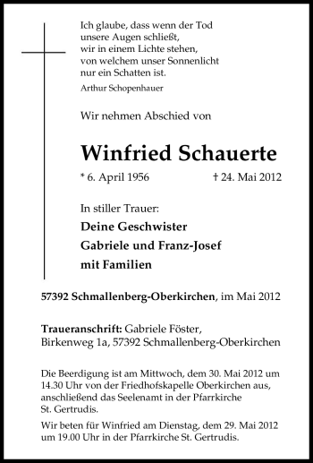 Traueranzeige von Winfried Schauerte von Tageszeitung