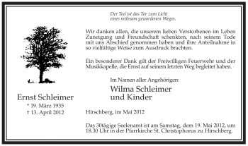 Traueranzeige von Ernst Schleimer von Tageszeitung
