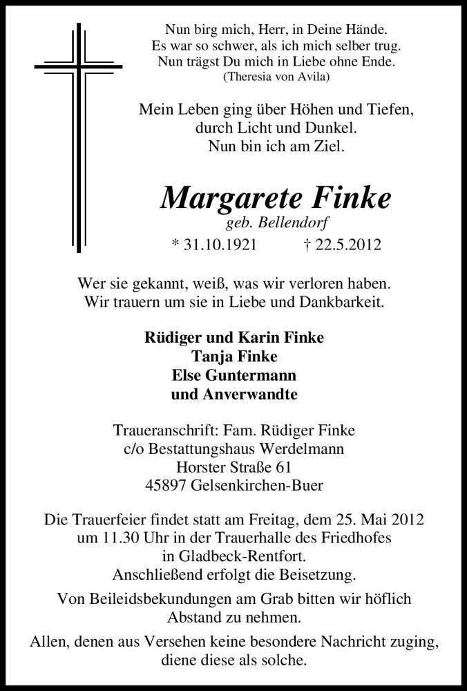  Traueranzeige für Margarete Finke vom 23.05.2012 aus Tageszeitung