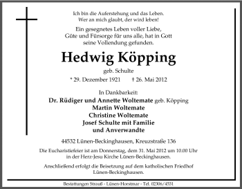Traueranzeige von Hedwig Köpping von Tageszeitung
