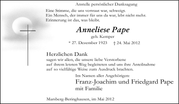 Traueranzeige von Anneliese Pape von Tageszeitung
