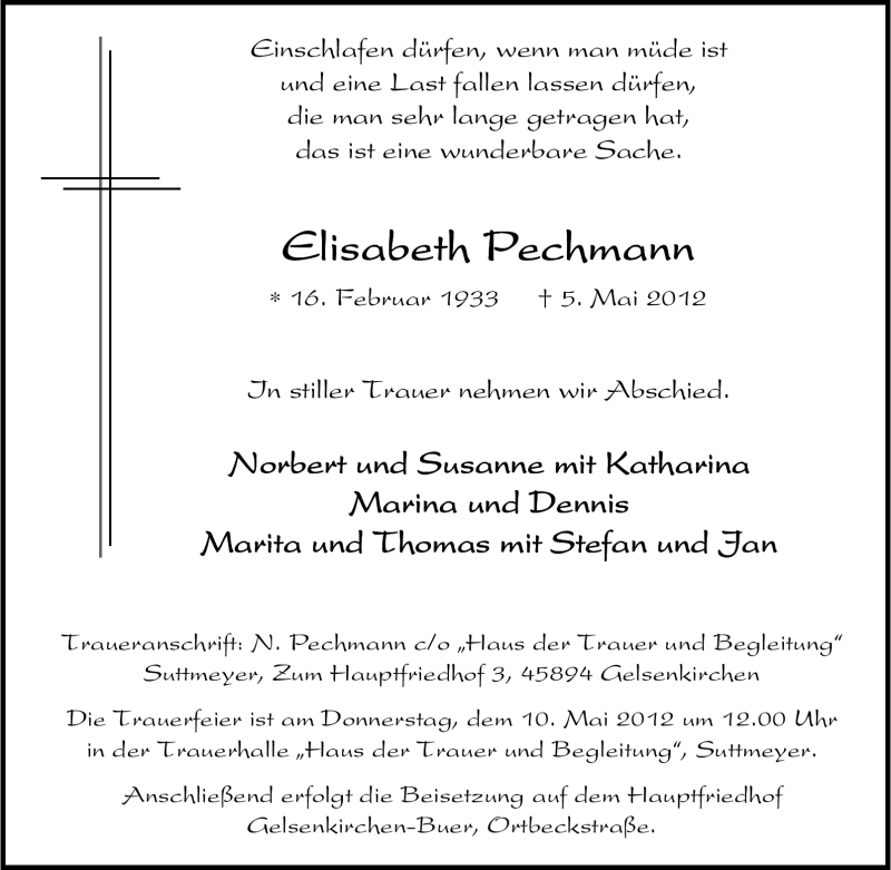  Traueranzeige für Elisabeth Pechmann vom 08.05.2012 aus Tageszeitung