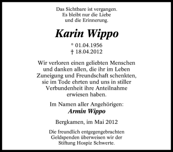 Traueranzeige von Karin Wippo von Tageszeitung
