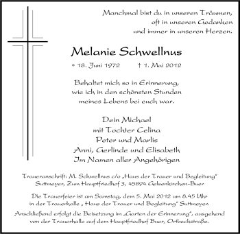 Traueranzeige von Melanie Schwellnus Unbekannt von Tageszeitung