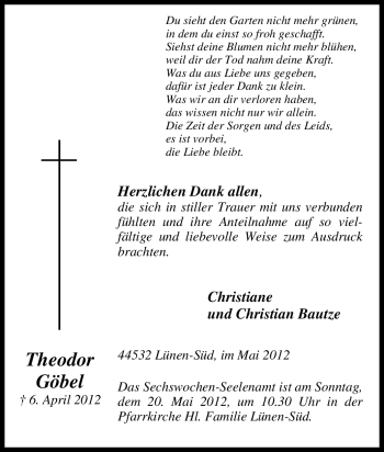 Traueranzeige von Theodor Göbel von Tageszeitung