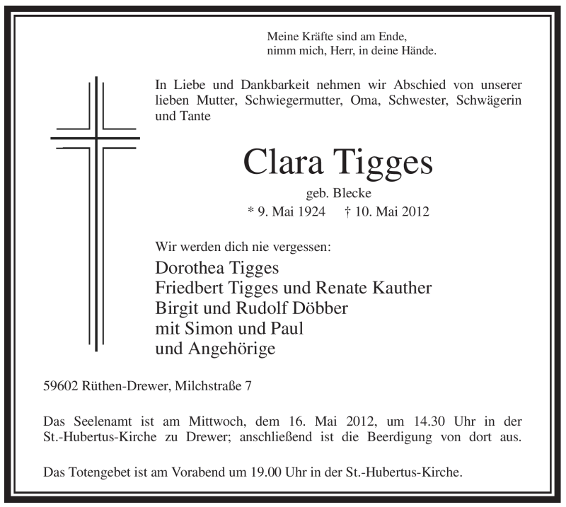  Traueranzeige für Clara Tigges vom 12.05.2012 aus Tageszeitung