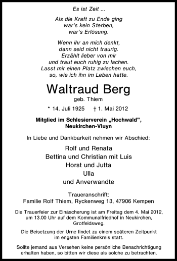 Traueranzeige von Waltraud Berg von Tageszeitung