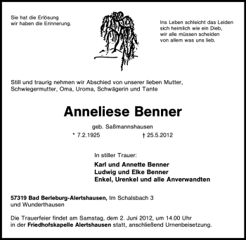 Traueranzeige von Anneliese Benner von Tageszeitung