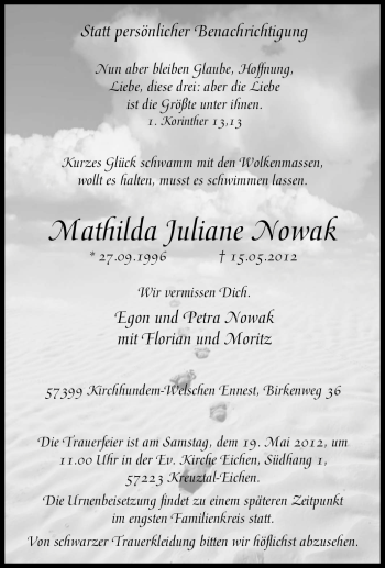 Traueranzeige von Mathilda Juliane Nowak von Tageszeitung