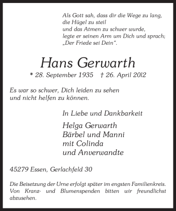 Traueranzeige von Hans Gerwarth von Tageszeitung