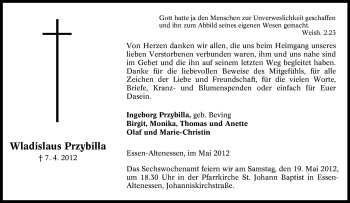 Traueranzeige von Wladislaus Przybilla von Tageszeitung