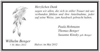 Traueranzeige von Wilhelm Benger von Tageszeitung