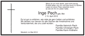 Traueranzeige von Inge Pech von Tageszeitung