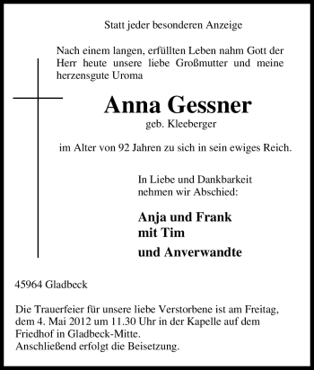 Traueranzeige von Anna Gessner von Tageszeitung