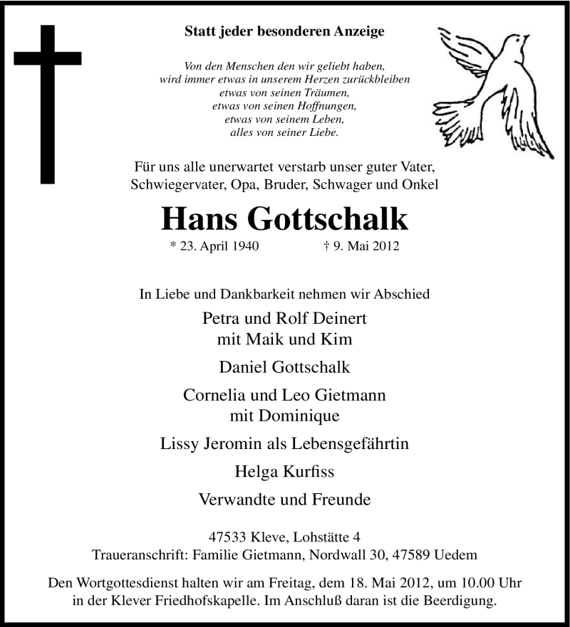  Traueranzeige für Hans Gottschalk vom 17.05.2012 aus Tageszeitung