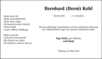 Traueranzeige von Bernhard Kehl von Tageszeitung