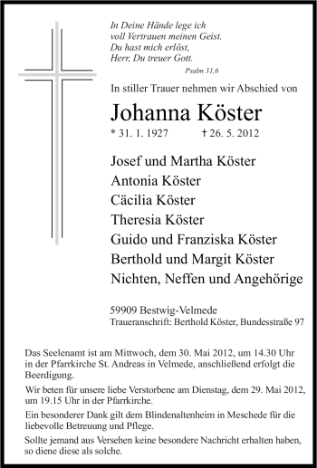 Traueranzeige von Johanna Köster von Tageszeitung