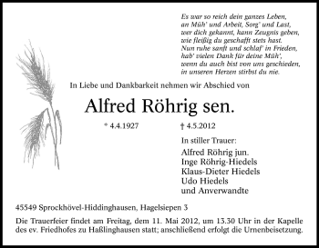 Traueranzeige von Alfred Röhrig sen. von Tageszeitung