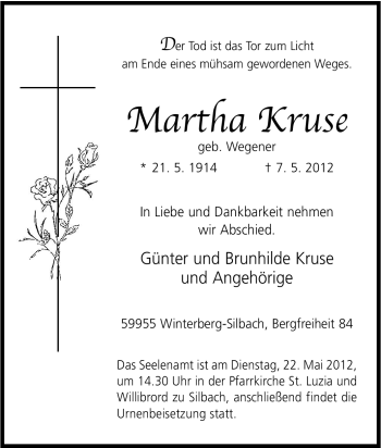 Traueranzeige von Martha Kruse von Tageszeitung