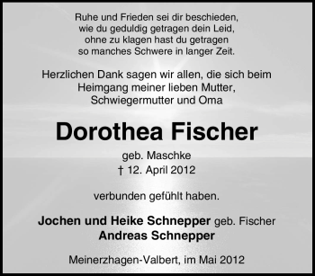 Traueranzeige von Dorothea Fischer von Tageszeitung