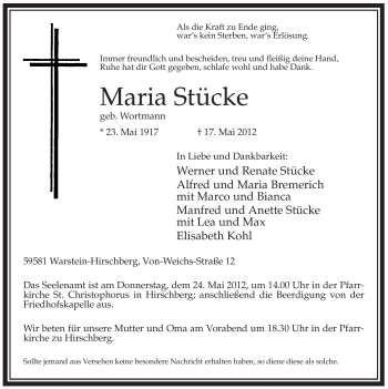 Traueranzeige von Maria Stücke von Tageszeitung