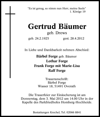 Traueranzeige von Gertrud Bäumer von Tageszeitung