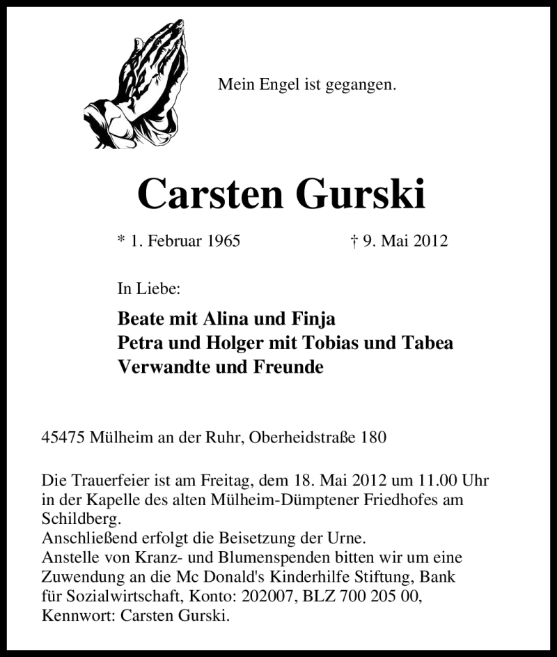  Traueranzeige für Carsten Gurski vom 12.05.2012 aus Tageszeitung