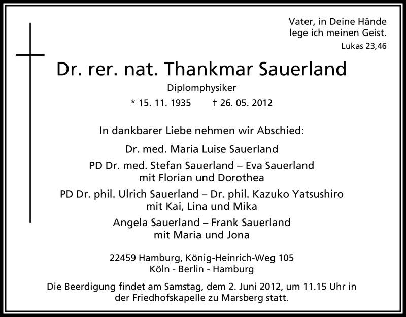  Traueranzeige für Thankmar Sauerland vom 29.05.2012 aus Tageszeitung