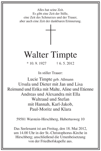 Traueranzeige von Walter Timpte von Tageszeitung