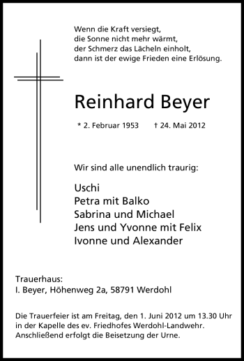 Traueranzeige von Reinhard Beyer von Tageszeitung
