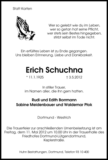 Traueranzeige von Erich Schuchna von Tageszeitung