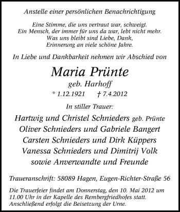 Traueranzeige von Maria Prünte von Tageszeitung