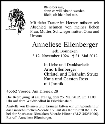 Traueranzeige von Anneliese Ellenberger von Tageszeitung