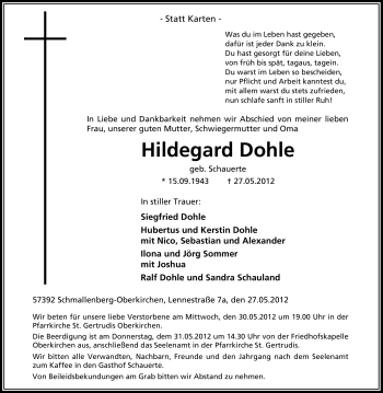 Traueranzeige von Hildegard Dohle von Tageszeitung