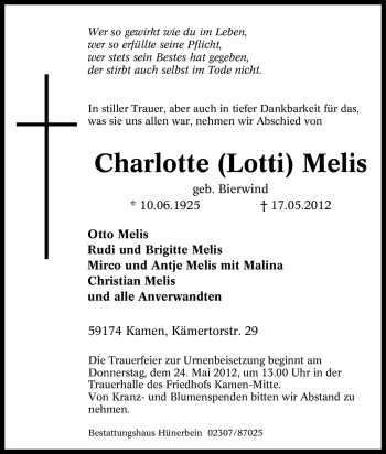 Traueranzeige von Charlotte Melis von Tageszeitung